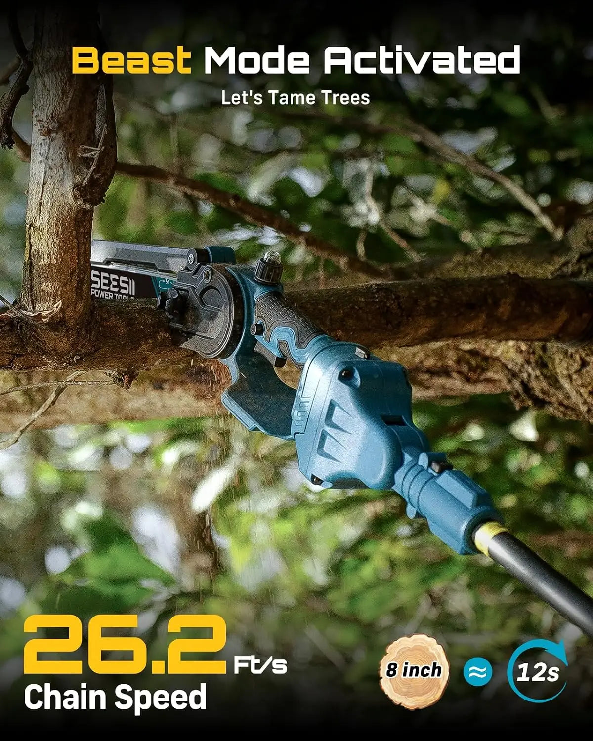Polesaw High Branch Saw Cordless 8'' Electric Chainsaw with 3M Extension Pole for Tree Trimming Limb Cutter Pruner