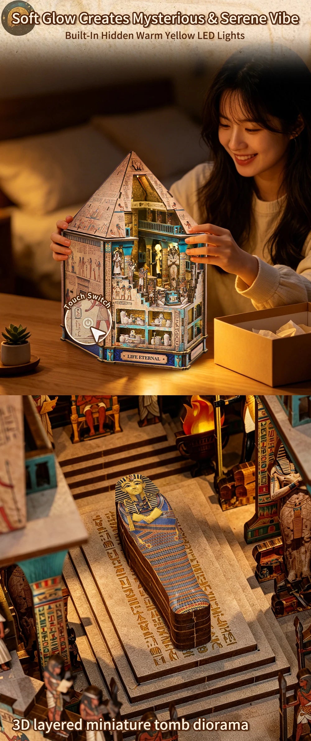 DIY Book Nook Kit, Egyptian Pyramid 3D Wooden Bookshelf Insert
