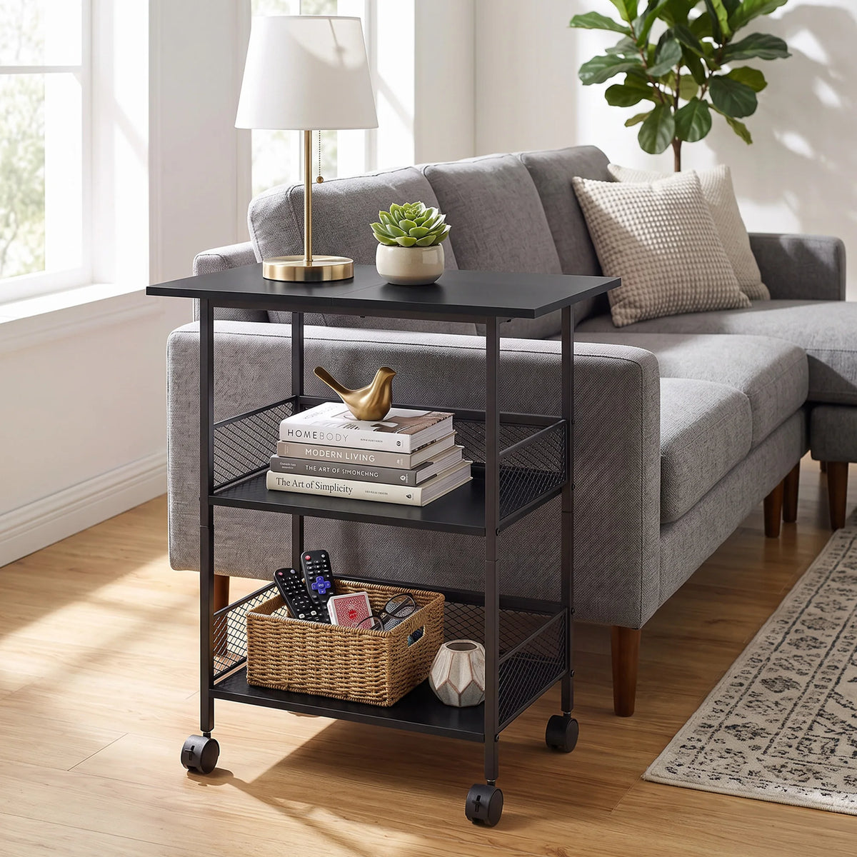 3-Tier Printer Stand with Storage Shelves, Mobile Heavy Duty Rolling Rack on Wheels for Large Printers, Black Industrial MDF and Iron, Home Office
