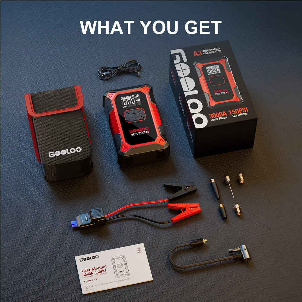 A3 Jump Starter with Air Compressor, 3000A Portable Car Battery Booster (9.0 Gas/6.5L Diesel) with 150PSI Auto-Shutoff Ti