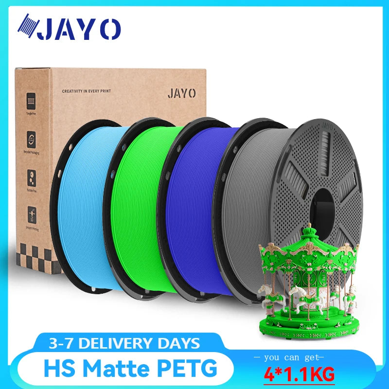 JAYO 4 Rolls High Speed Matte PETG 3D Printer Filament High Flow Speedy 50-600mm/s Matte Effect PETG 3D Printing Mateials for 3D Printer & Pen