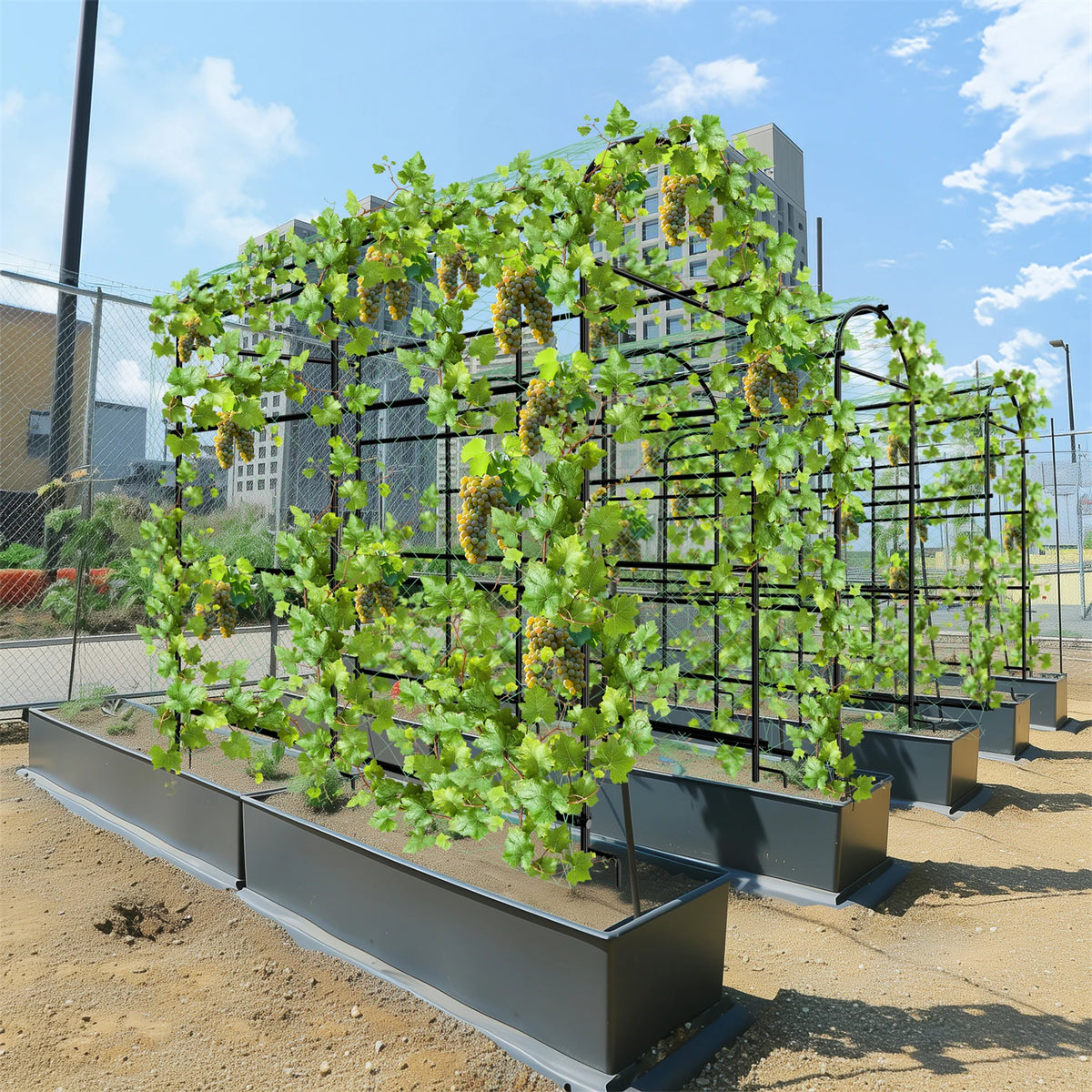 U-Shaped Garden Cucumber Trellis for Climbing Plants Support Frame with Nylon Netting and Spikes Metal Garden Trellis Arch