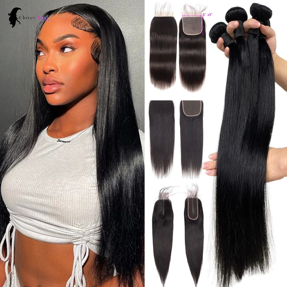 Straight Human Hair Bundles with Lace Closure