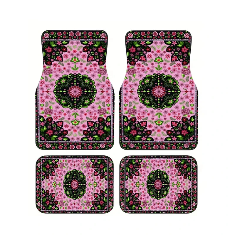 Red Bohemian Paisley Car Floor Mats, 4-Piece Universal Anti-Slip Auto Carpet Set
