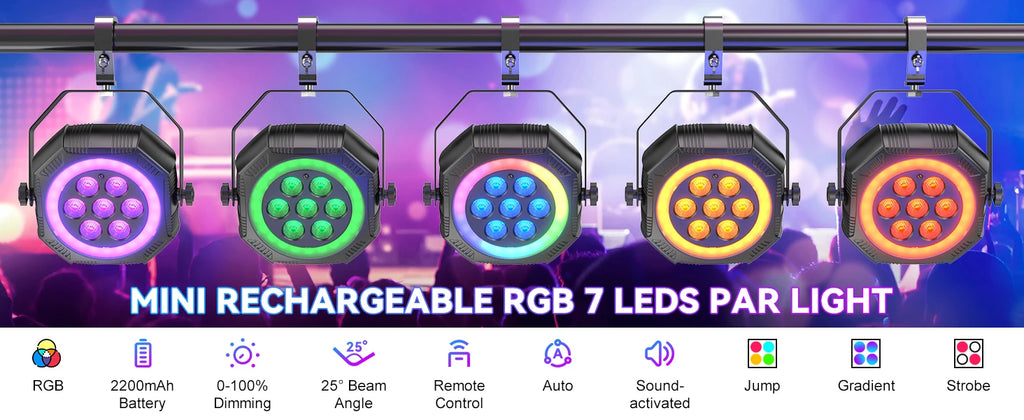 U'King 1/2/4Pcs Mini 7-LED RGB Rechargeable Par Lights With Light Strip Effect Par Can Stage Lights For Wedding DJ Party KTV Bar