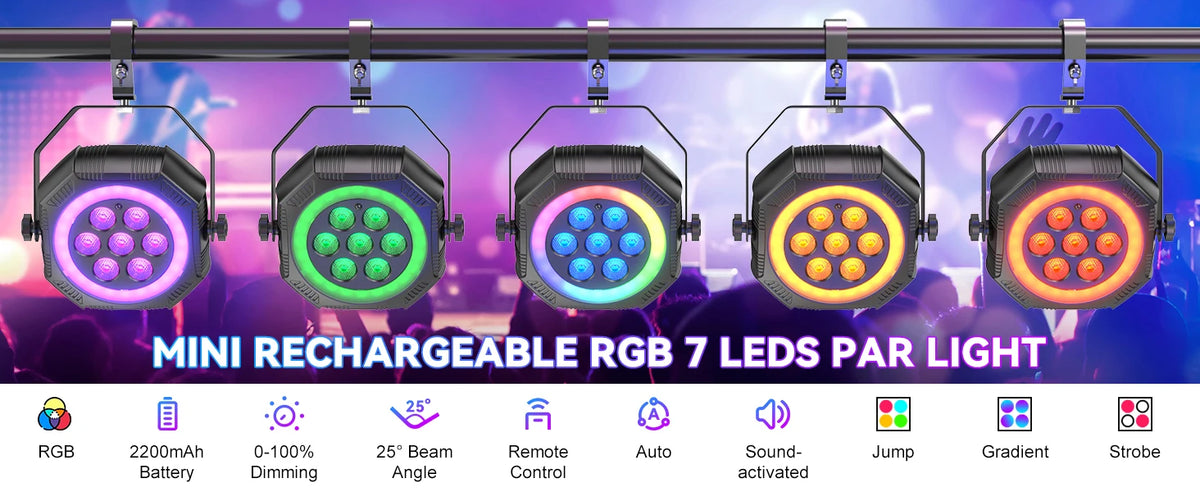 U'King 1/2/4Pcs Mini 7-LED RGB Rechargeable Par Lights With Light Strip Effect Par Can Stage Lights For Wedding DJ Party KTV Bar