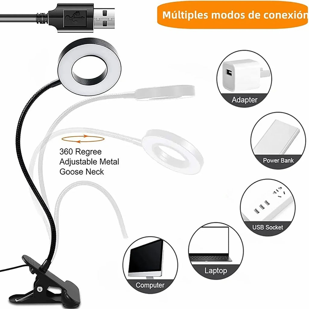 LED Clip-On Magnifying Desk Lamp 5X, USB Dimmable Gooseneck Magnifier Light with 3 Colors