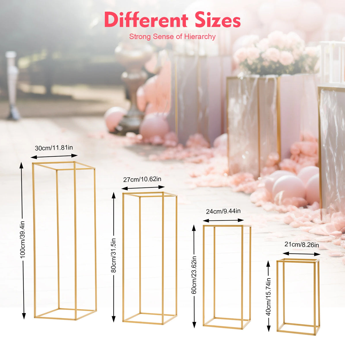 4Pcs Wedding Flower Stand Set Gold Metal Column Rack Party Decor Balloon Display Holder Centerpiece Vase Pillar 40+60+80+100cm