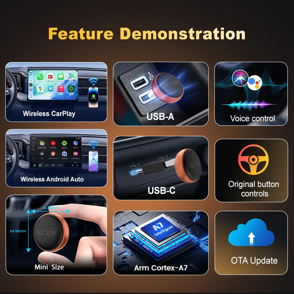 CarlinKit Mini Ultra 3 Wireless CarPlay and Android Auto Adapter, 2-in-1 Plug and Play