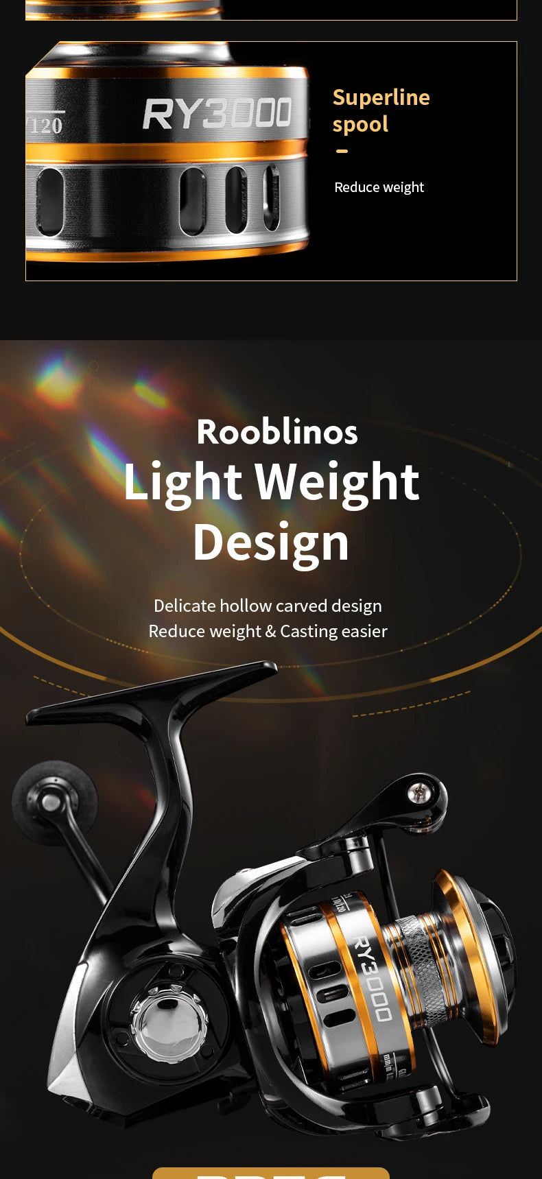 ROOBLINOS RY Spinning Reel, 5.2:1 Gear Ratio, CNC Machined Aluminum Spool, Smooth Powerful Fishing Reel for Fresh & Saltwater