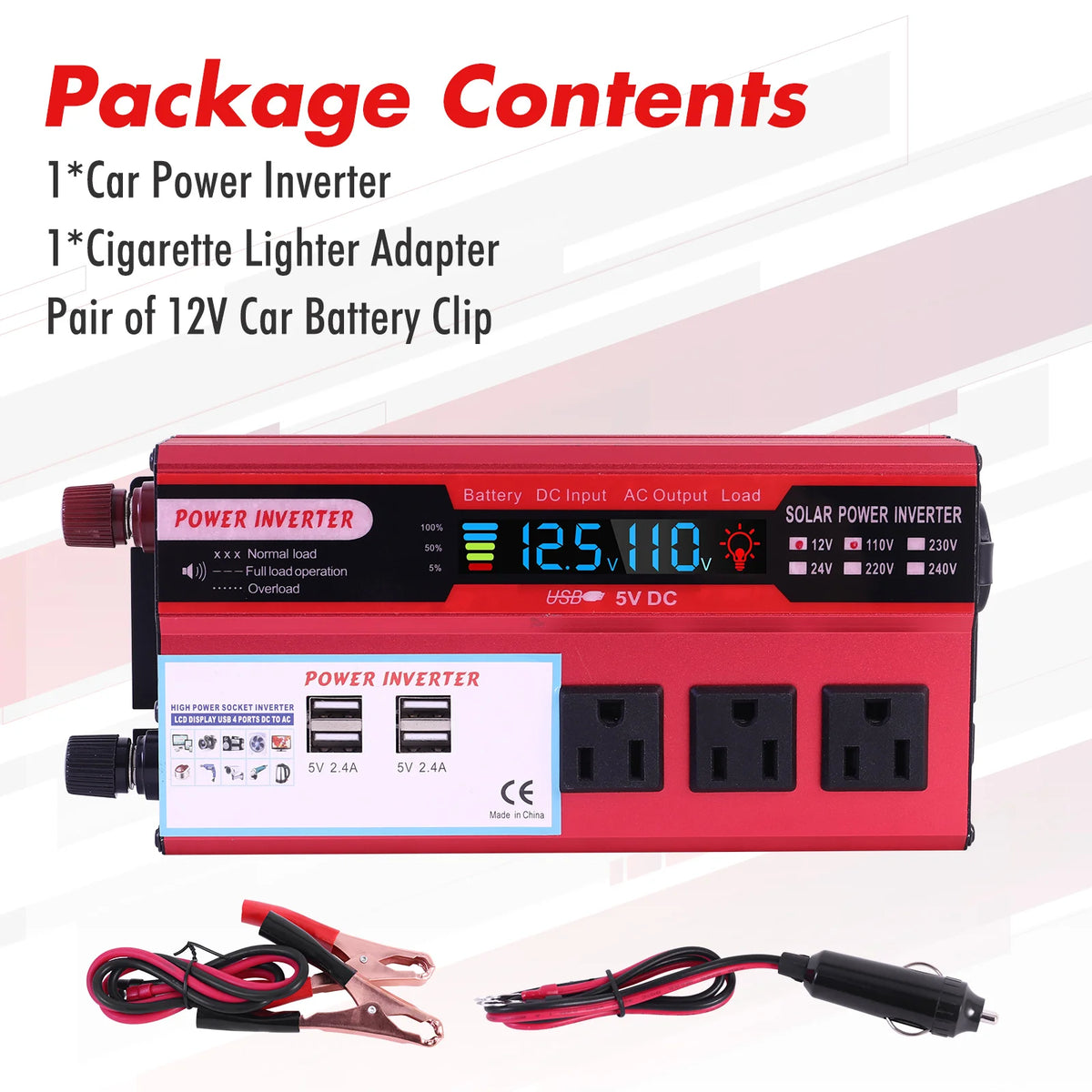 5000W Car Power Inverter DC 12V To AC 110V Converter Pure Sine Wave Fast Charging LCD LED Display Converter Charger Adapter