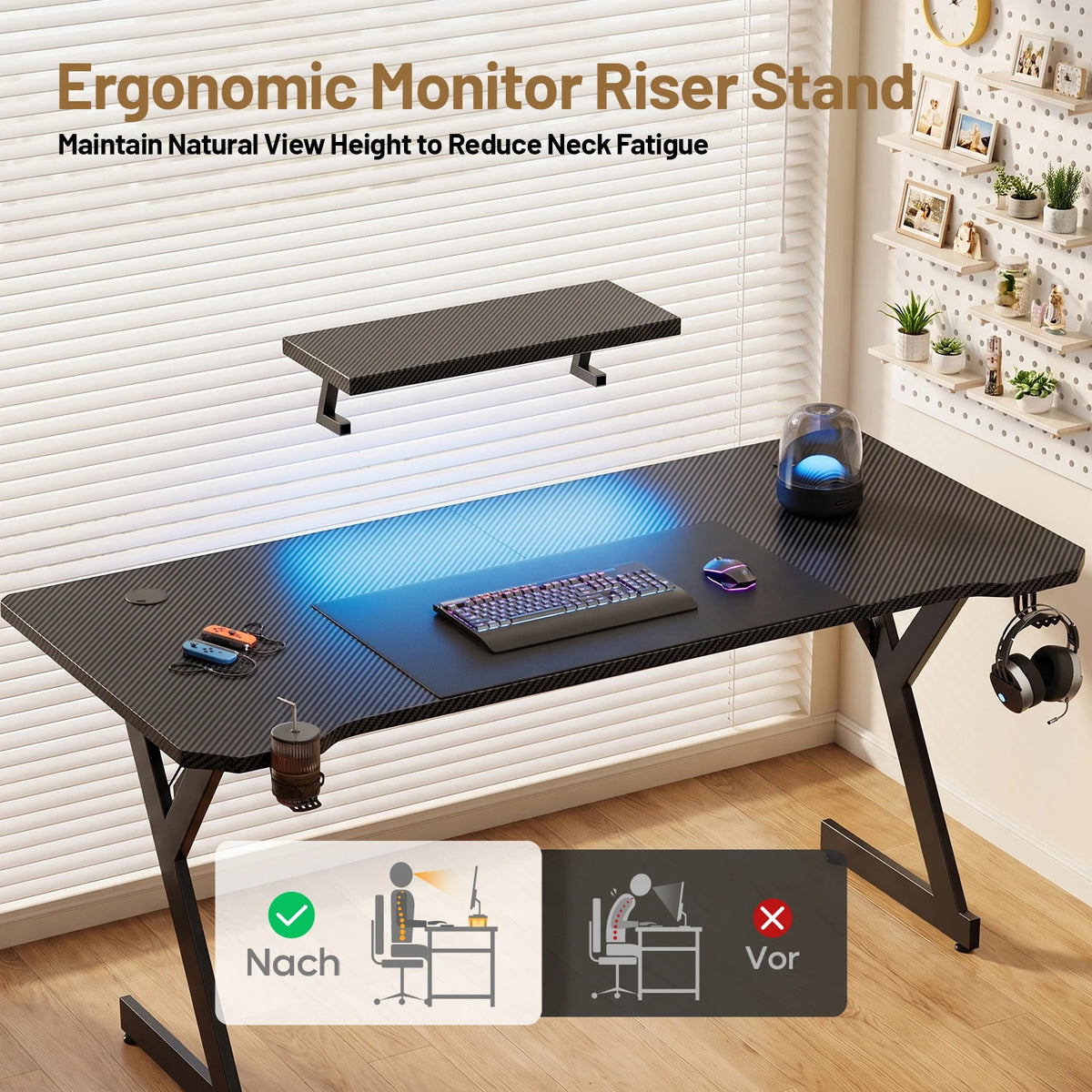 Ergonomic Gaming Desk with Elevated Monitor Riser Stand & Built-in LED Light Strip, Large Curved Carbon Fiber Surface Computer Desk