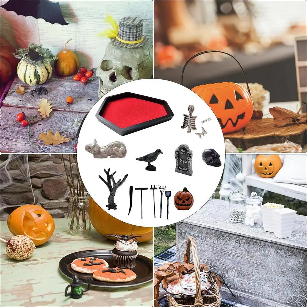 Halloween Coffin Sand Tabletop Decor, Gothic Mini Sand Tray Kit with Skull
