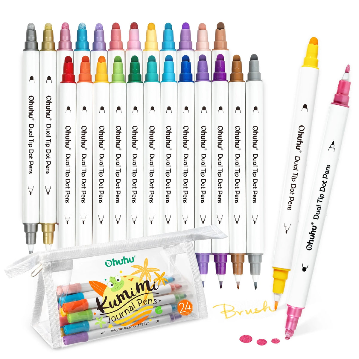 Ohuhu Dot Markers 24 Colors Dot Marker Pens Dual Tip Water-based Metallic Regular Colors Dot Pens for Journal DIY Coloring
