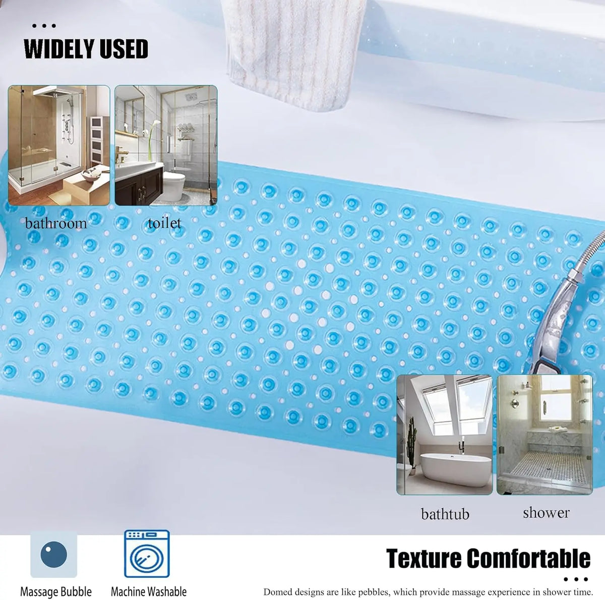 Shower Floor Mat 40x16 Inch,Non Slip Bath Mat With Firm Suction Cups,Extra Large Machine Washable Bathtub Rug,Drain Holes Keep Tub Clean,Waterproof Mold Resistant Rubber PVC Mat,Blue Black Transparent Light Gray,Home Essentia