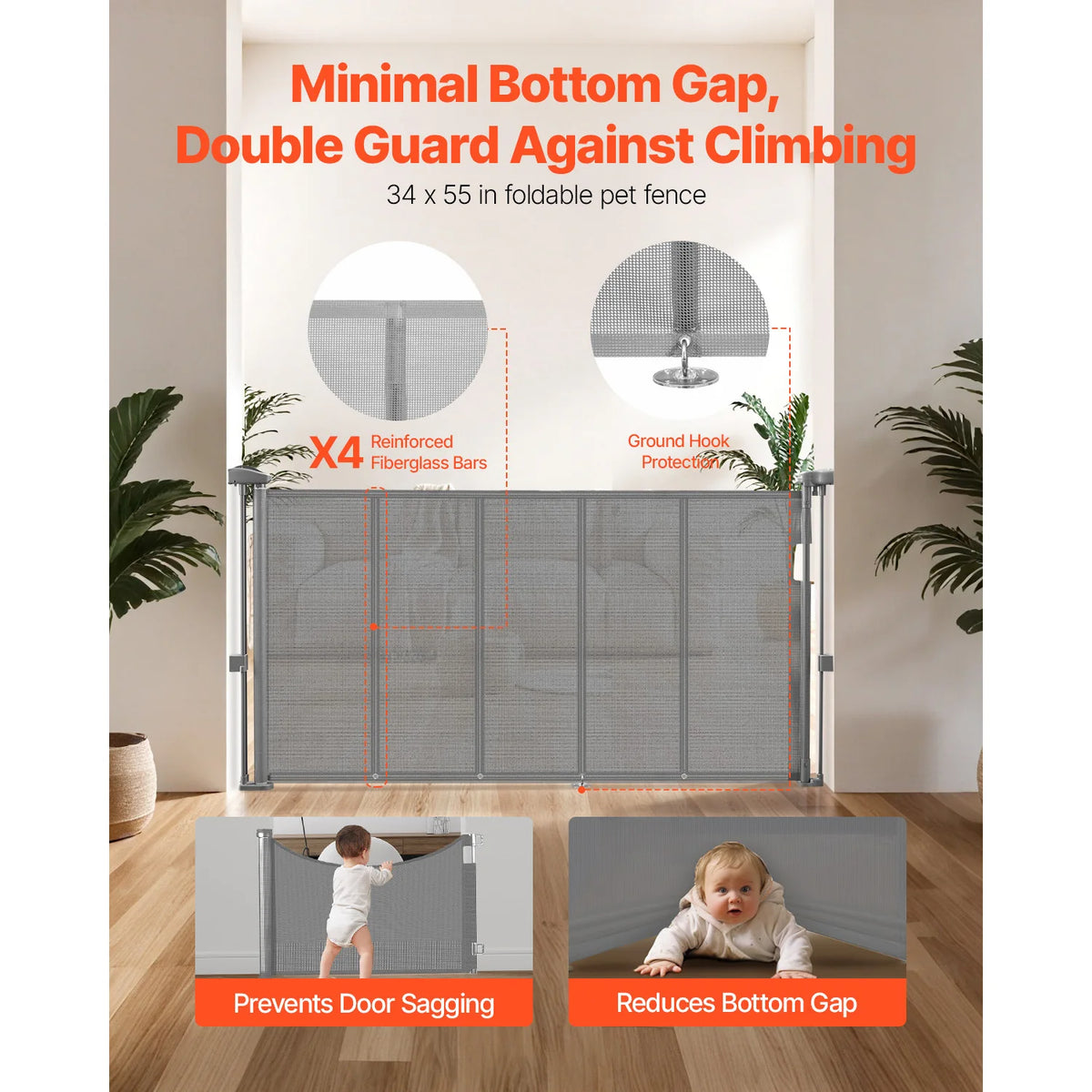 55/71/110in Retractable Baby Gate 34in Tall Extends Wide Retractable Gate Kids Mesh Material Easy to Install