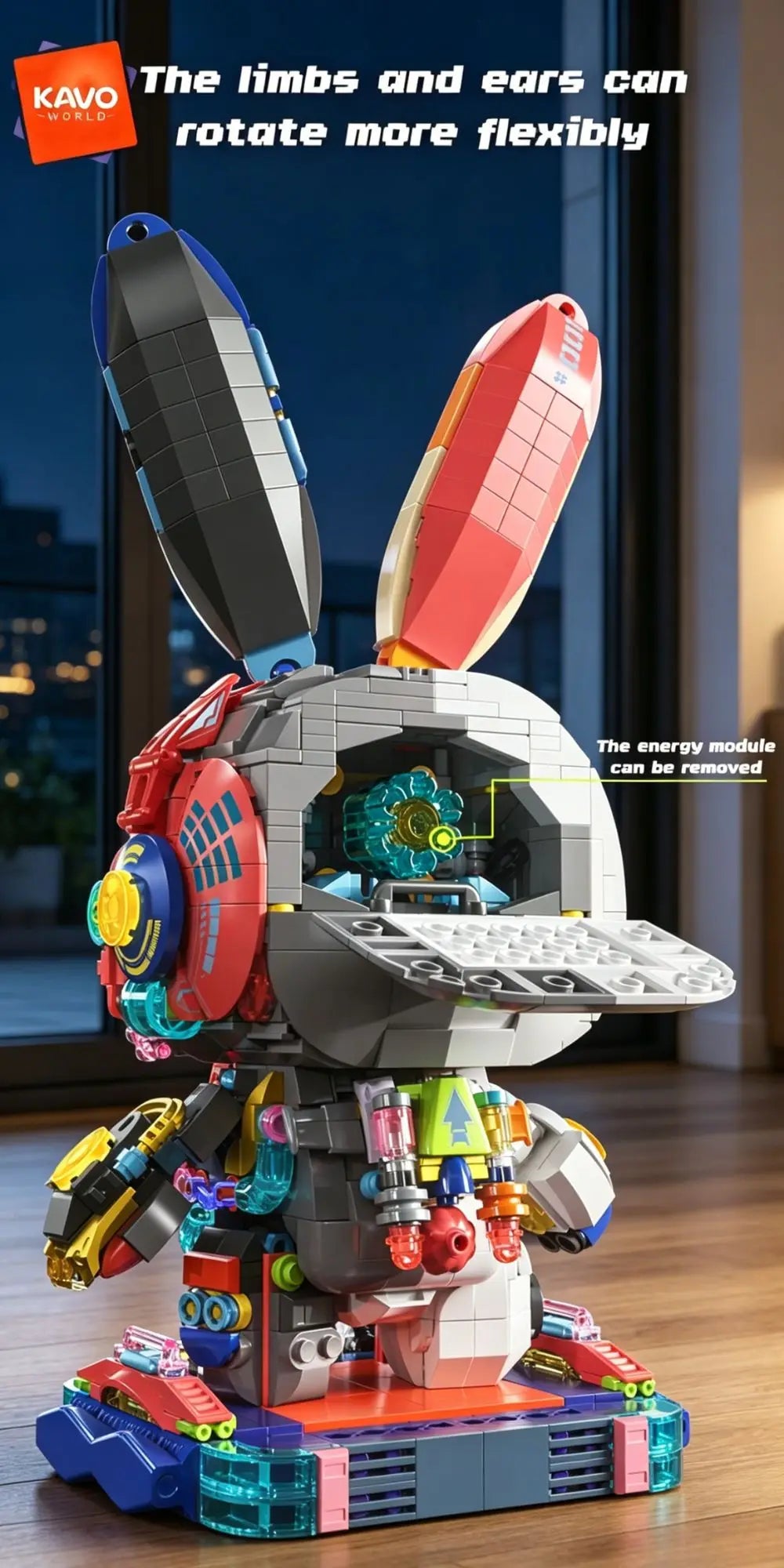 KAVOWORLD 1377PCS Robot Rabbit Building Blocks Set LED Light Up Multi-Point Rotatable Detachable Base DIY Cyberpunk Mecha Building Rabbit Bricks Kit Mechanical Bunny Construction Toy for Home Office Desk Decor Christmas Birth