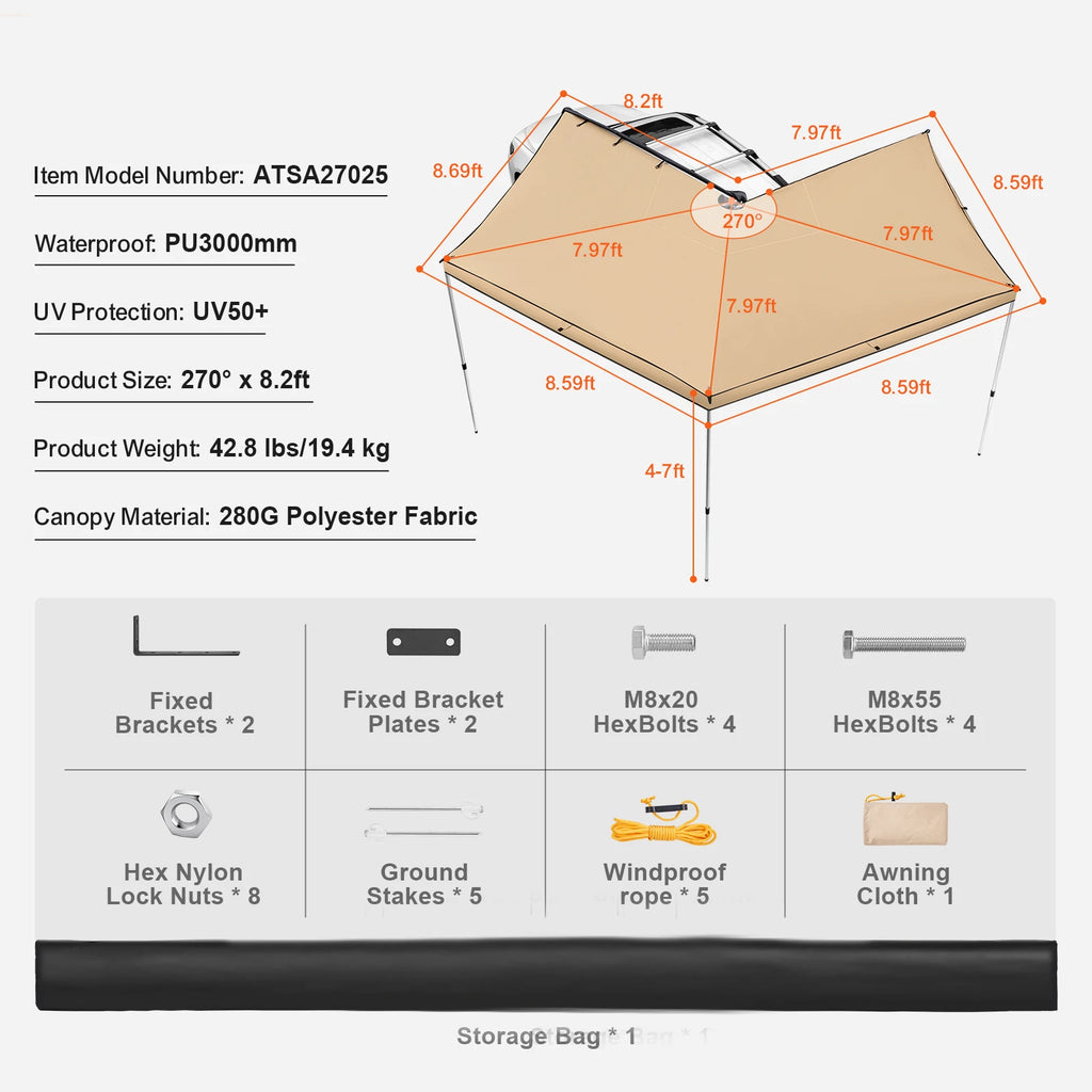 SucceBuy Vehicle Awning  Retractable Car Side Awning Car Awning with Waterproof Storage Bag  Suitable for Truck SUV Van Campers