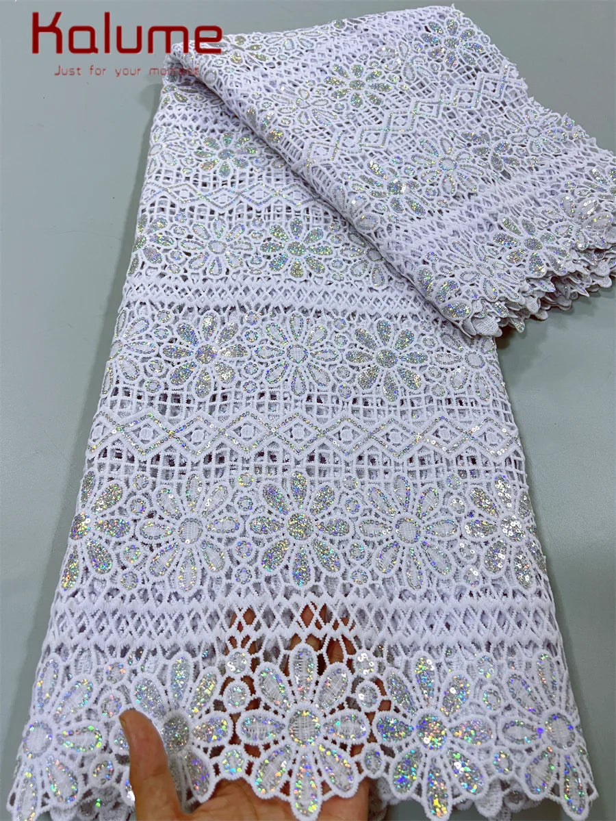 White African Guipure Cord Lace Fabric with Sequins 2025 High Quality Nigerian Guipure Cord Lace for Sewing Wedding Dress F4025