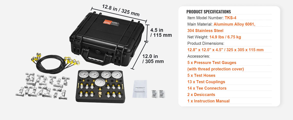 Hydraulic Pressure Test Kit with Gauges and Carrying Case for Excavators and Tractors