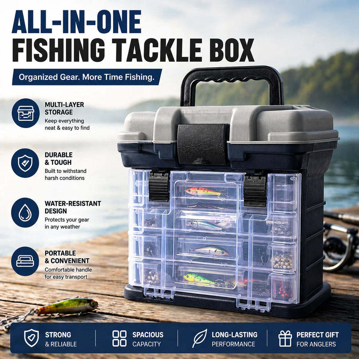 Fishing Tackle Box Kit with Fishing Pliers 4-Tier Multi-Functional Fishing Handheld Storage Box Adjustable Dividers Portable Fishing Tackle Lure Tool