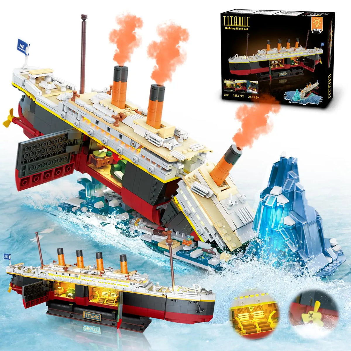 2-in-1 Ocean Liner Building Block Set with LED Lights and Iceberg Display Stand, Model Ship Kit