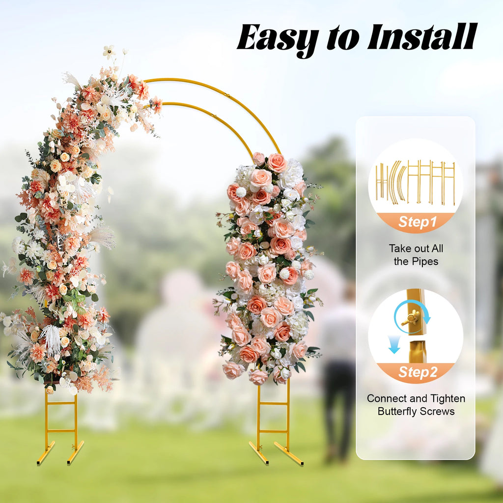 Gold Round Arch Backdrop Stand 2.2m Large Wedding Party Decor with Double Tube for Flowers Balloons Heavy Duty Steel Frame
