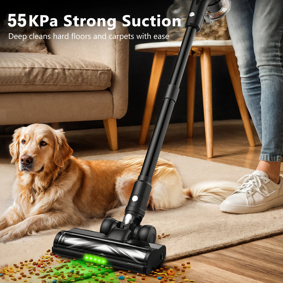 Cordless Vacuum Cleaner, 55Kpa/55min Self-Standing Powerful Stick Lightweight Vacuum Cleaner for Home Fur/Hard Floor/Rug