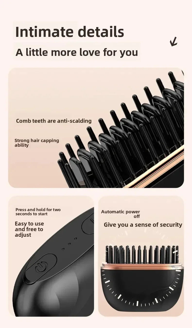 Mini Rechargeable Hair Straightener Brush: 3-Speed Temp Control, Anti-Scald Shell, Lightweight & Portable for Travel