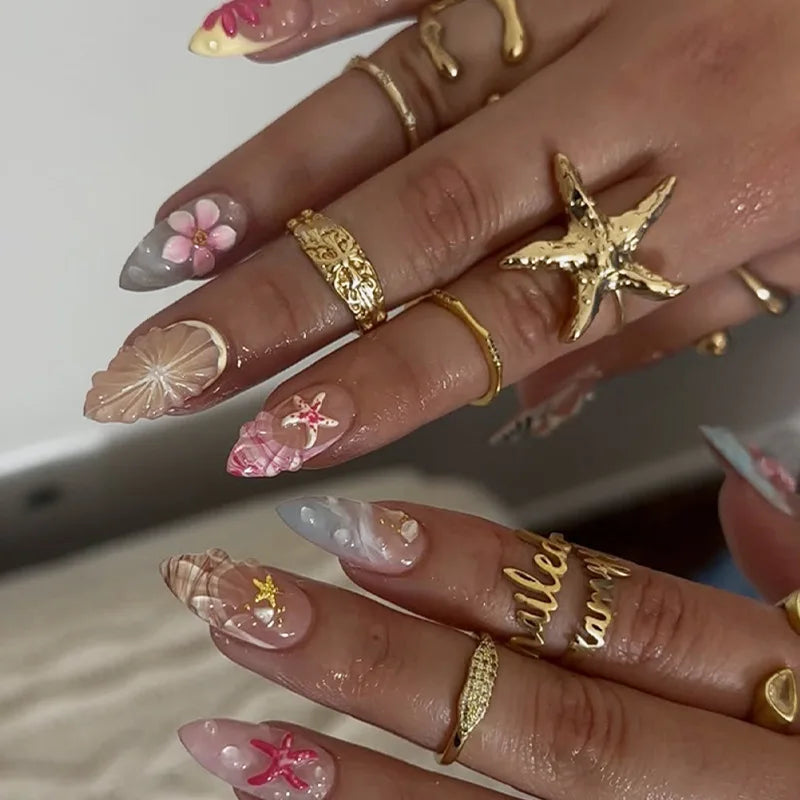 24Pcs Almond Press On Nails, Full Coverage False Nails (Random Style)