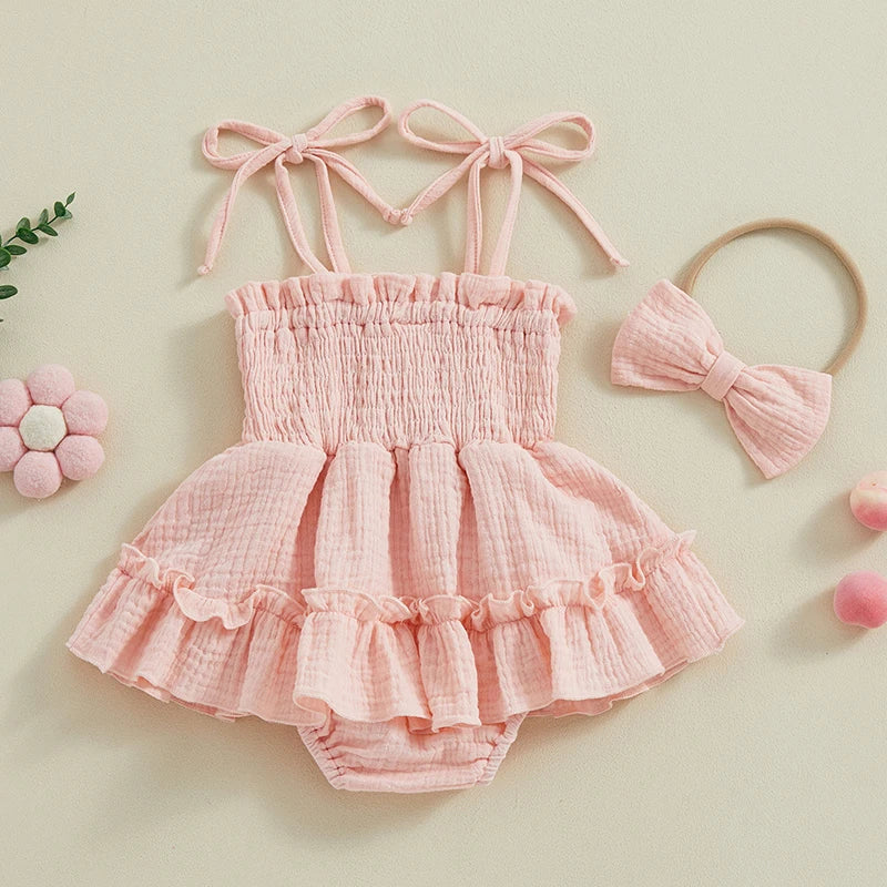 Newborn Baby Girl Summer Romper Dress, Sleeveless Tie-Strap Jumpsuit