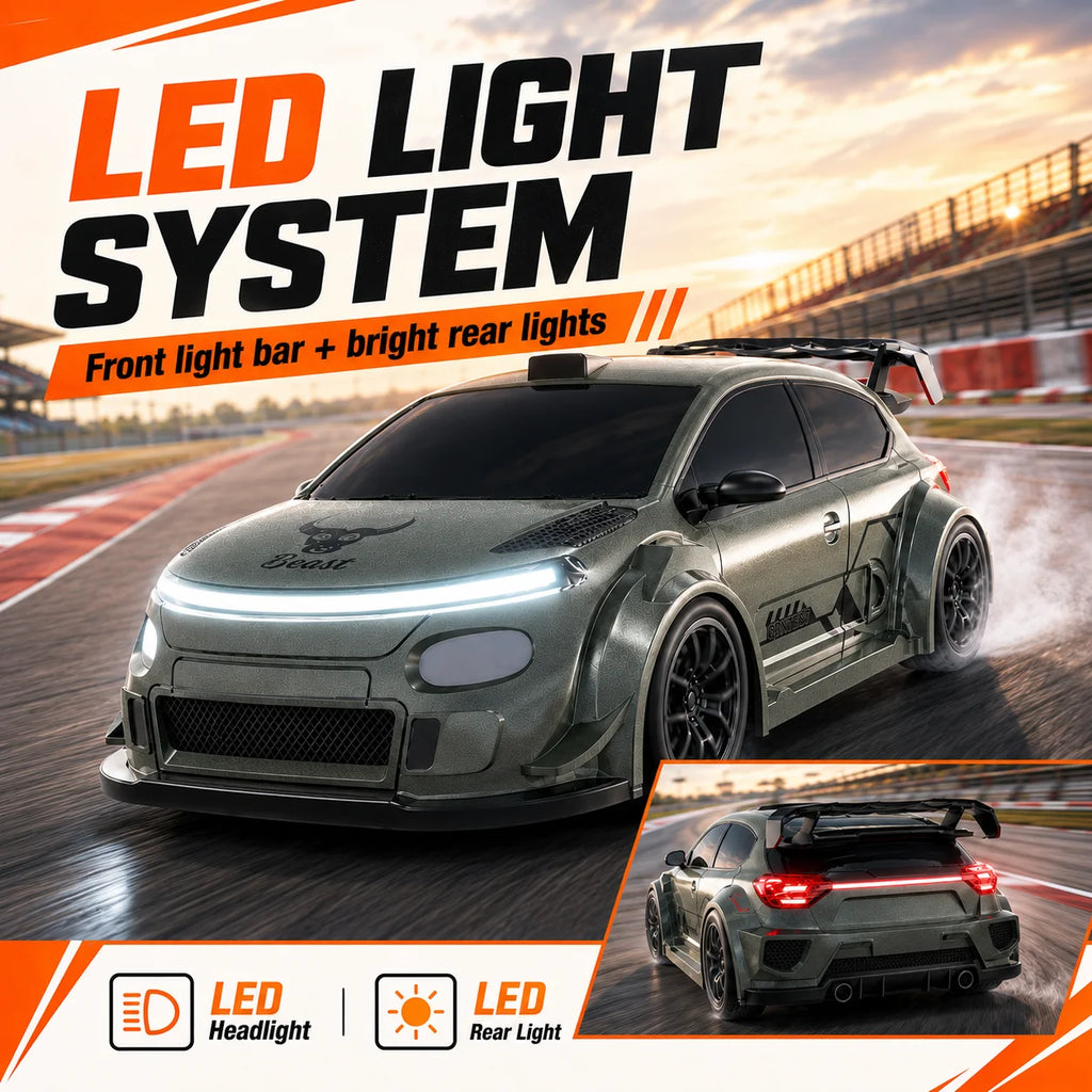 ZNLYRION SG718 1: 24 Scale 4WD RC Drift Car With Replaceable Racing Drift Tires LED Headlights Taillight Sport Rear Wing Remote Control Racing Vehicle Toy