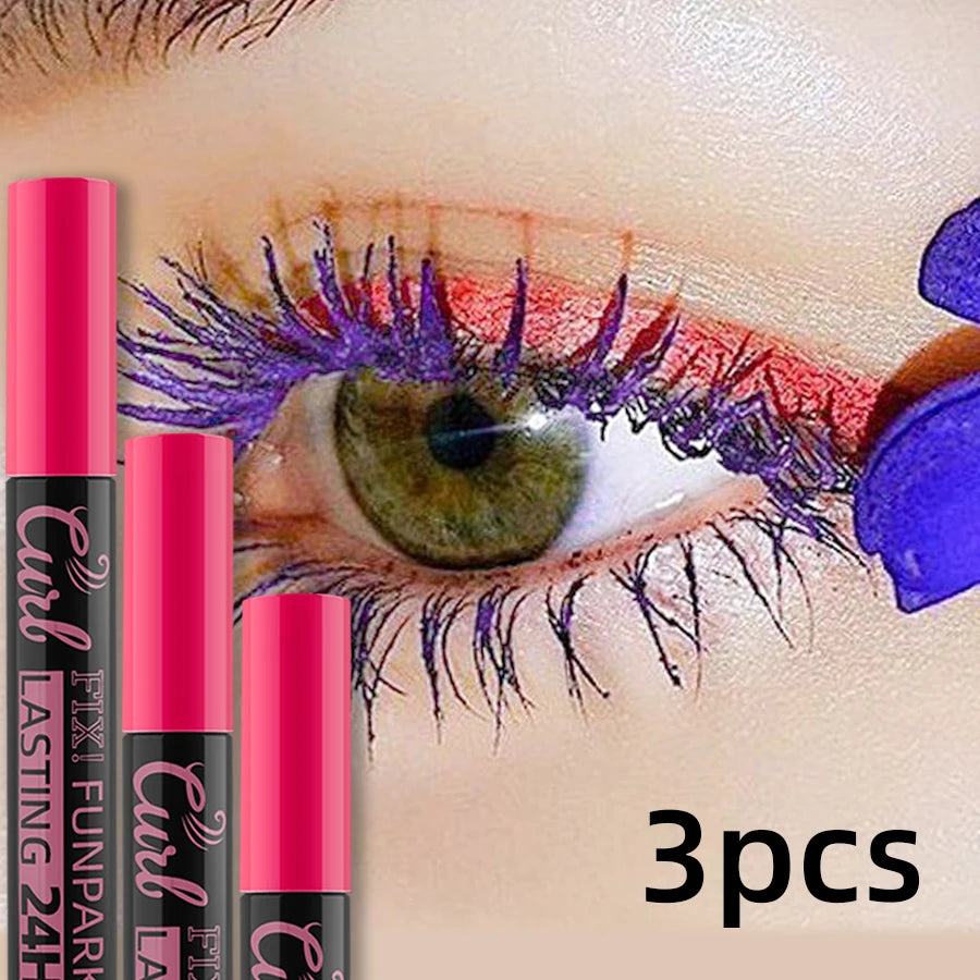 3pcs Colorful 3D Eye Blue Green Purple Mascara Waterproof Lengthens Eyelashes Extension Silk Fiber Mascare Long Lasting Eye Makeup for Women Cosmetic