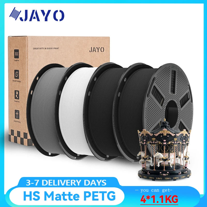 JAYO 4 Rolls High Speed Matte PETG 3D Printer Filament High Flow Speedy 50-600mm/s Matte Effect PETG 3D Printing Mateials for 3D Printer & Pen