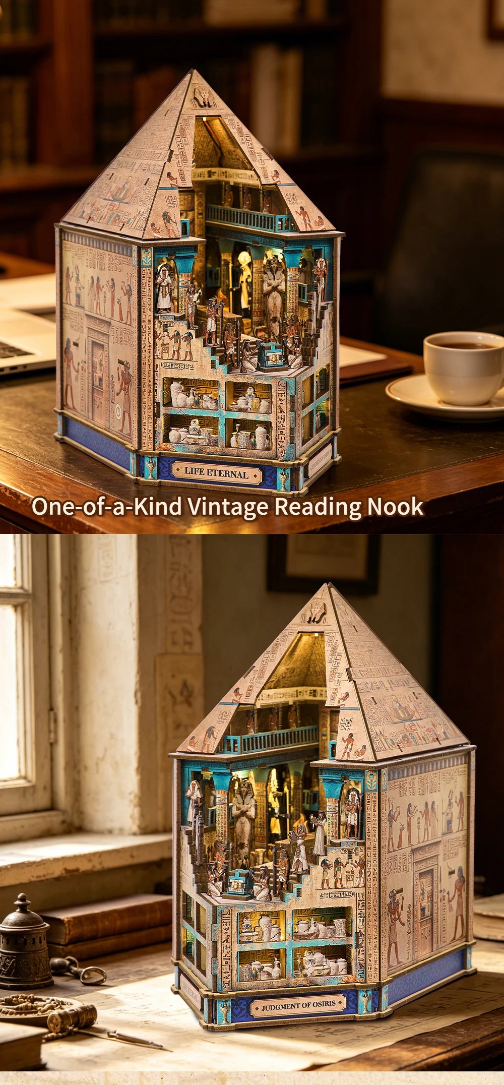 DIY Book Nook Kit, Egyptian Pyramid 3D Wooden Bookshelf Insert