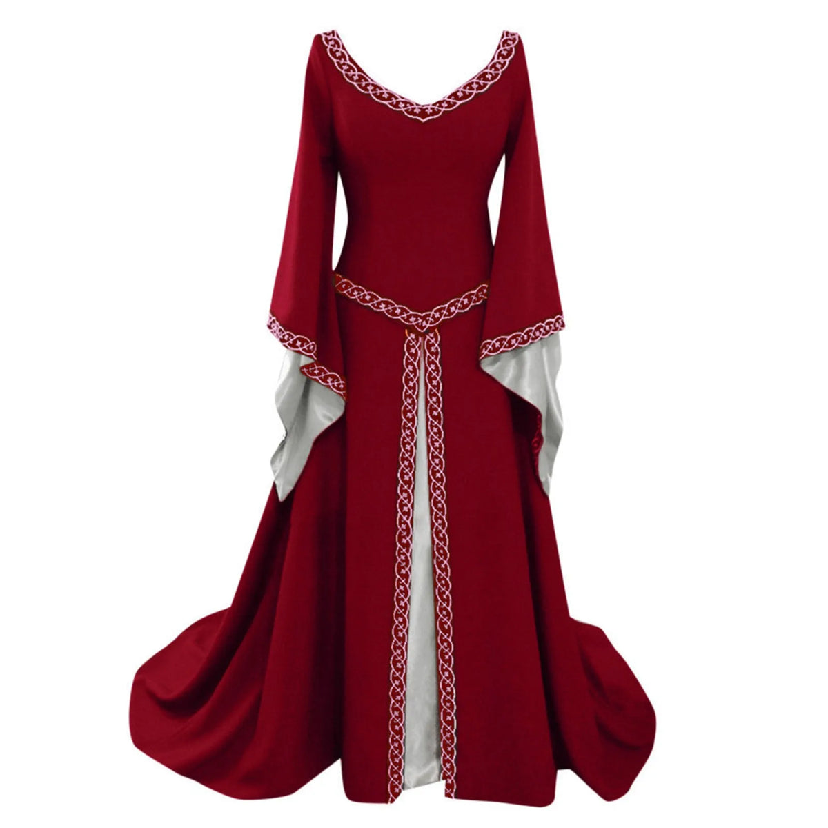 Medieval Vintage Long Dress, Flare Sleeve V Neck Floor Length Gown for Vampire Cosplay and Halloween Costumes
