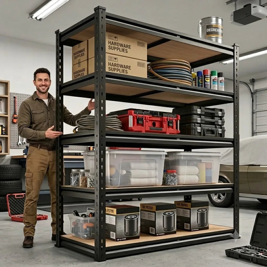 Heavy Duty Metal Storage Rack 5 Tier Adjustable Utility Shelving Unit with MDF Board Garage Organizer Tool Shelf for Basement Warehouse Kitchen