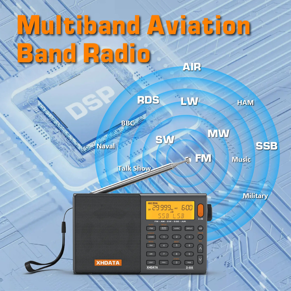 XHDATA D-808 Portable AM/FM/SW/SSB/AIR Radio with RDS