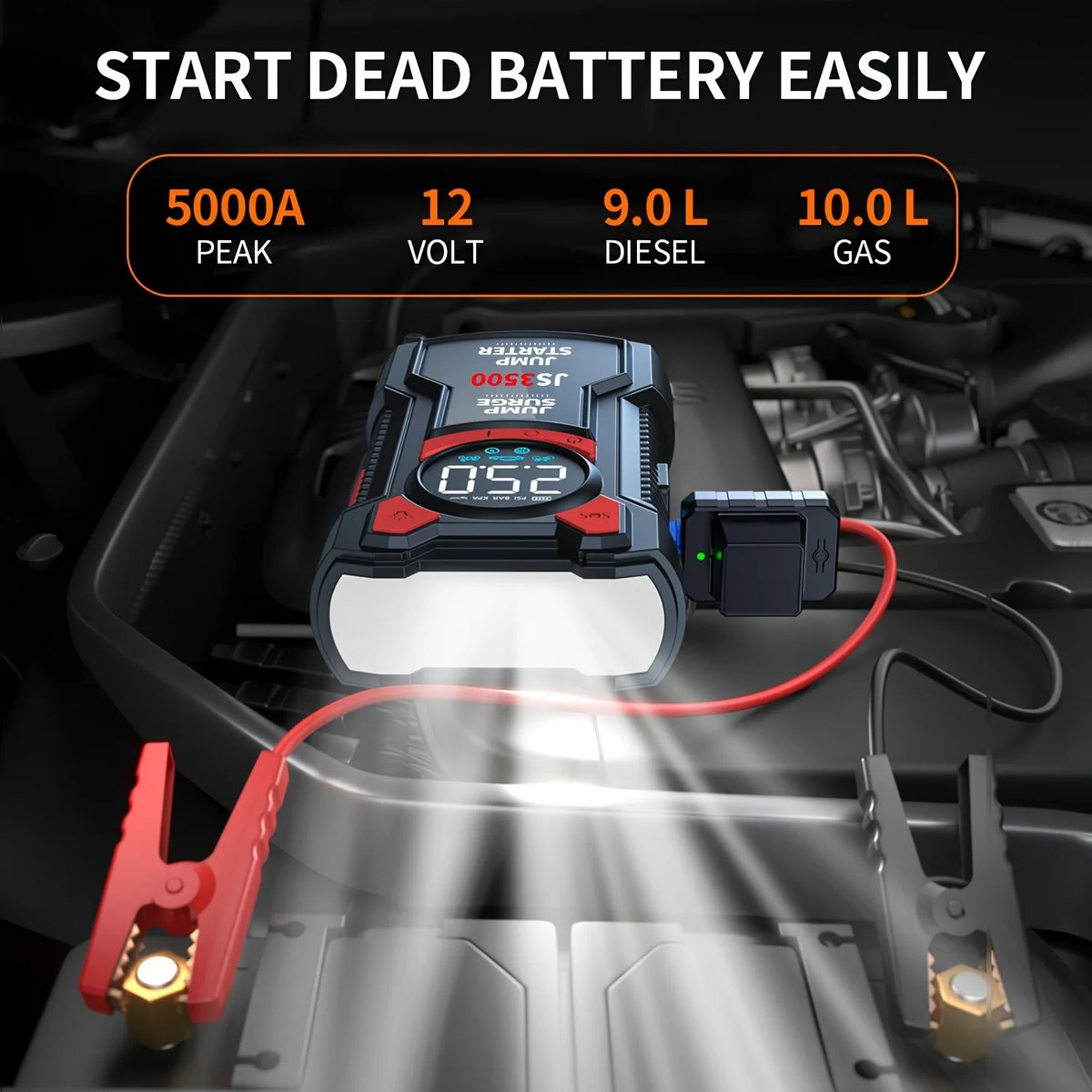 PAIVIROKU 5-in-1 Multifunctional Air Pump Jump Starter with Air Compressor 3000A Peak/150PSI Battery Jump Starter Digital Tire Inflator