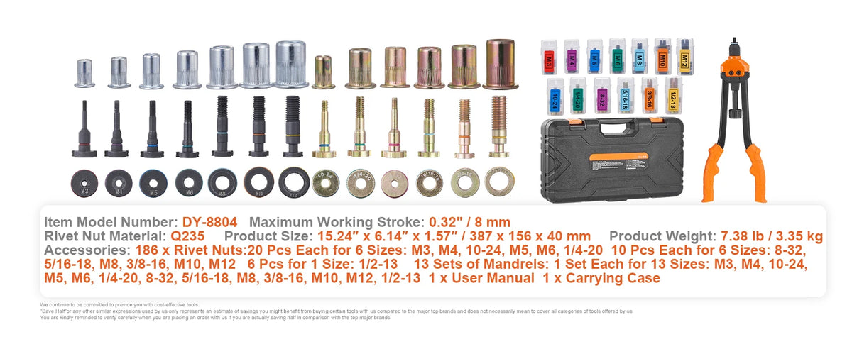 SucceBuy 16" Rivet Nut Tool, Labor-Saving Rivnut Tool Kit with 13PCS Metric SAE Mandrels, 186PCS Rivet Nuts, With Carrying Case