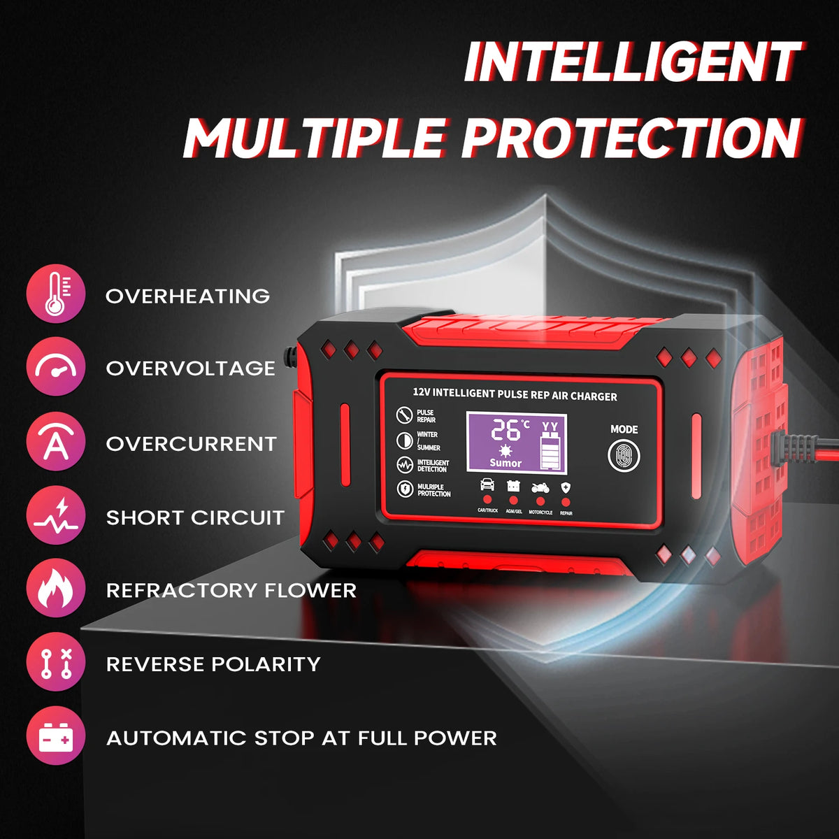 Smart 6A 12V Car & Motorcycle Battery Charger with LCD