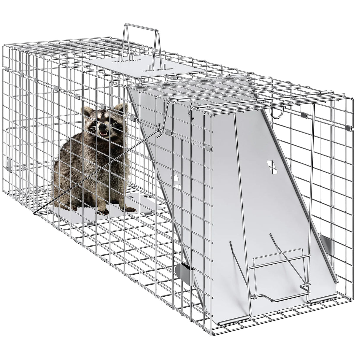 SucceBuy 24/31/42/50in Animal Cage Trap Folding Humane Cat Trap Galvanized Iron with Handle for Rabbits Squirrels Groundhogs