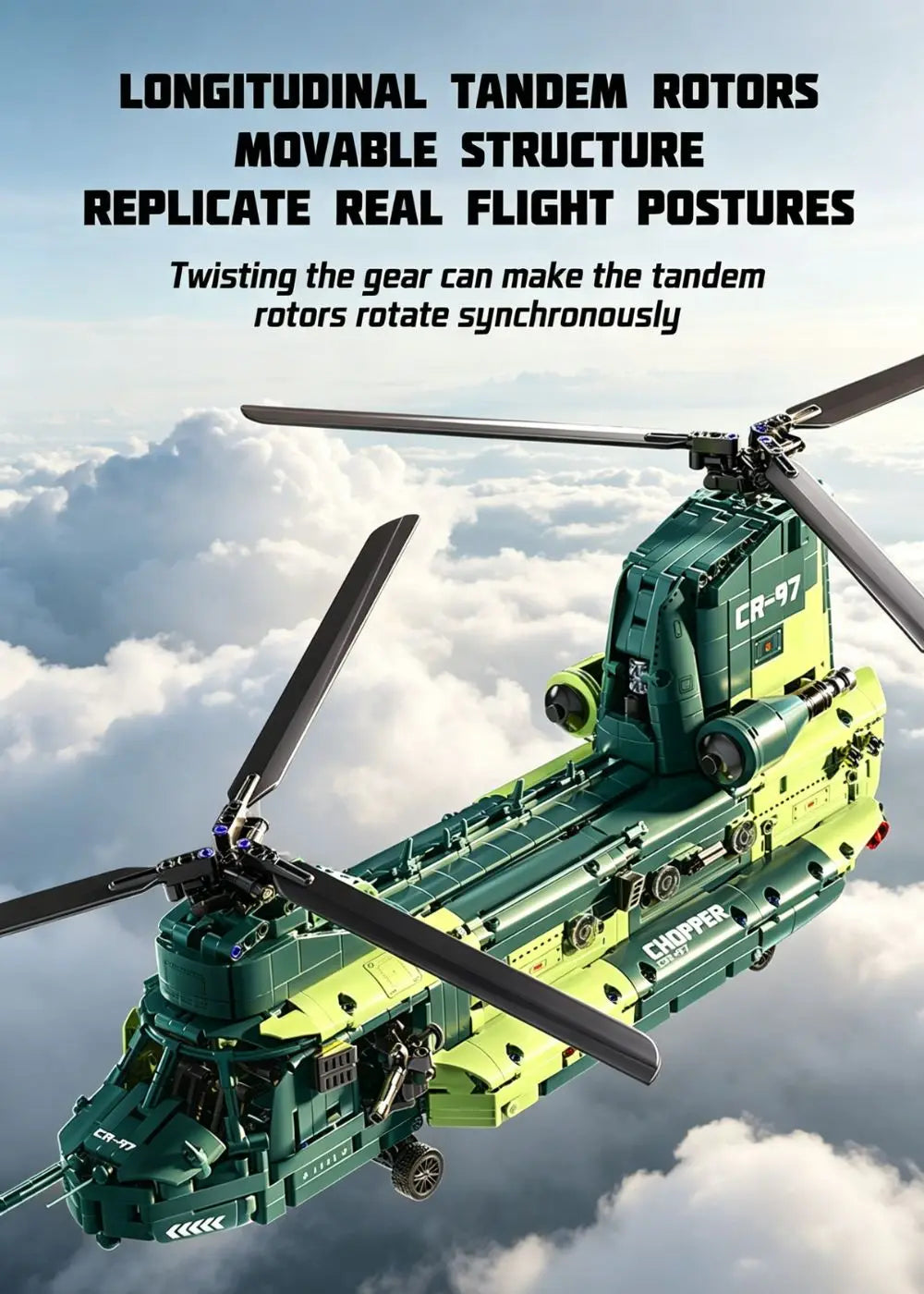 KAVOWORLD 1826PCS Chinook Tandem Rotor Military Transport Helicopter Building Blocks Model Aircraft Bricks Toys Kit Ideal Gift for Military Fans Movable Rotors Gear Linkage Opening Cargo Door Home Desk Display Christmas Birth