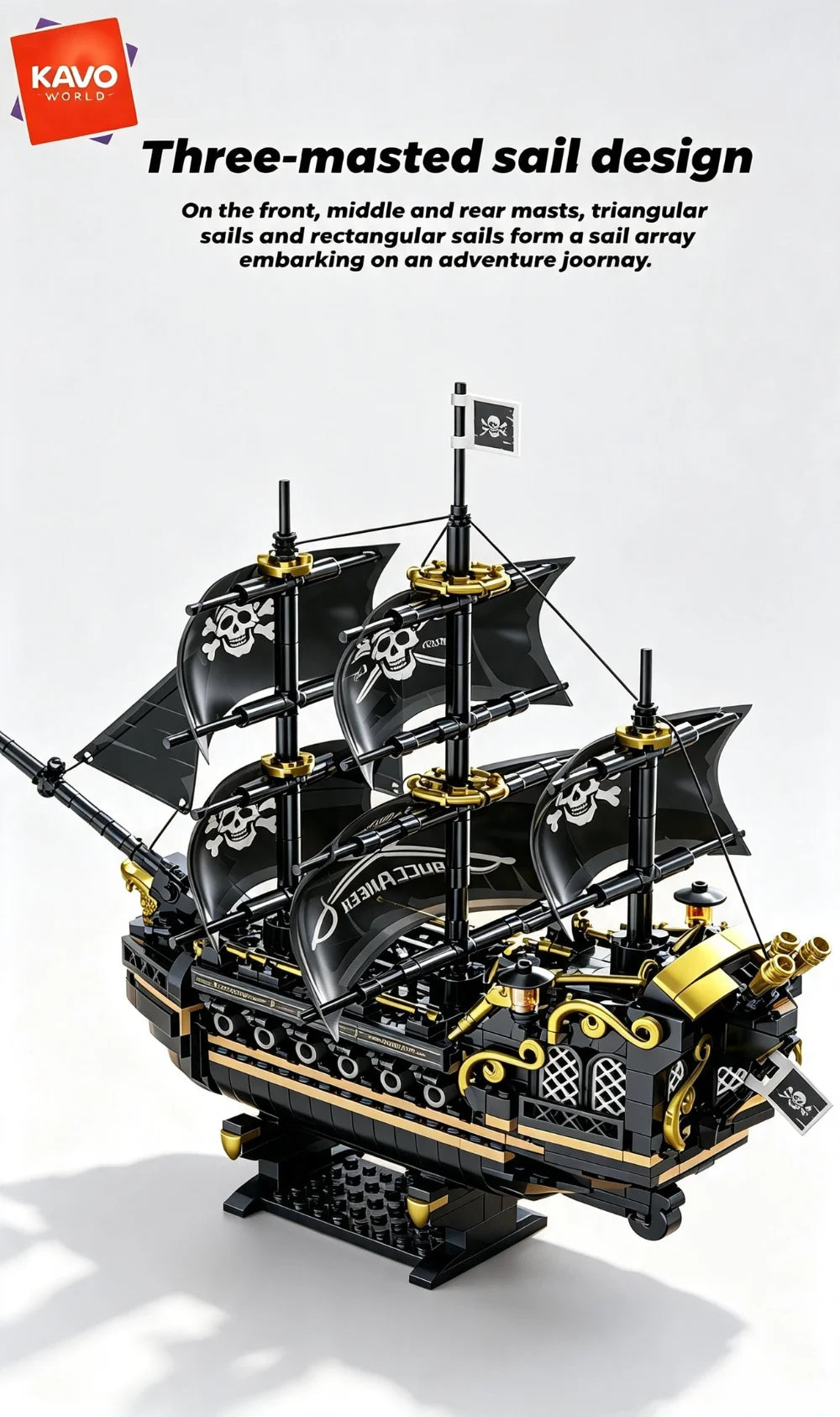 KAVOWORLD 801pcs 1799 Classic Black Sail Pirate Ship Toys Building Blocks Model with Display Stand Large Buccaneer Vessel Boat Brick Kit Corsair Boat Construction Toy Set Collectible DIY Assembly Toy for Desk Decor Christmas