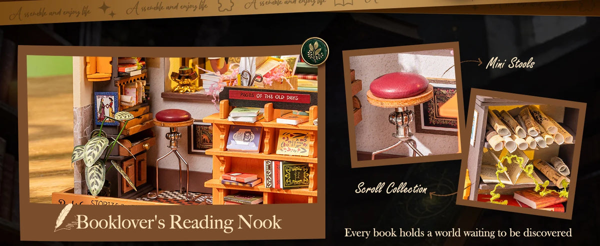 Rolife Wooden Dollhouse 3D Puzzle Pagestory Bookstore DIY Miniature House Craft Kit Kit with LED Light for Bookshelf Decor Brain Teasers Jigsaw Toys Holiday Gift for Book Lovers