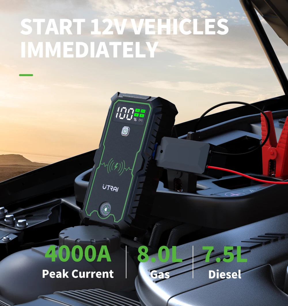 UTRAI Car Jump Starter 4000A Car Battery Starters 16000mAh Portable Power Bank 10W Wireless Charging Propulsion Booster For Car
