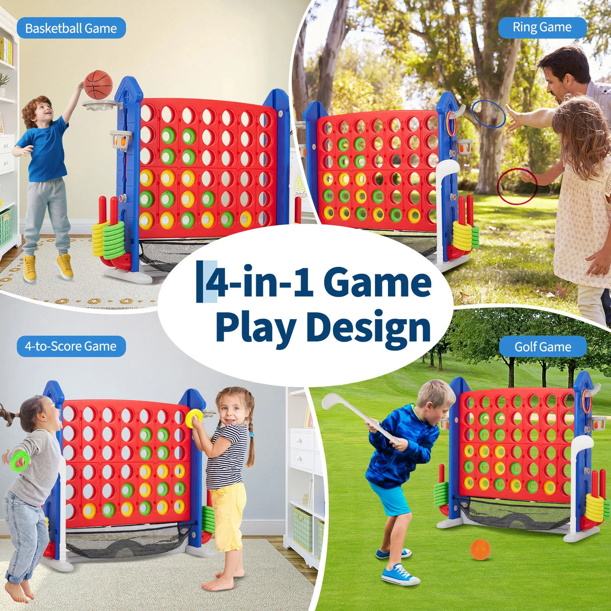 4-in-1 Giant Connect Game Set Adjustable Height, Basketball Hoop, Ring Toss and Net Jumbo Outdoor Yard Game for Families Events