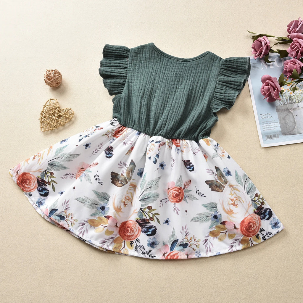 Toddler Girls Floral Bow Ruffle Sleeve A-Line Dress, Summer Dress 1-5 Years