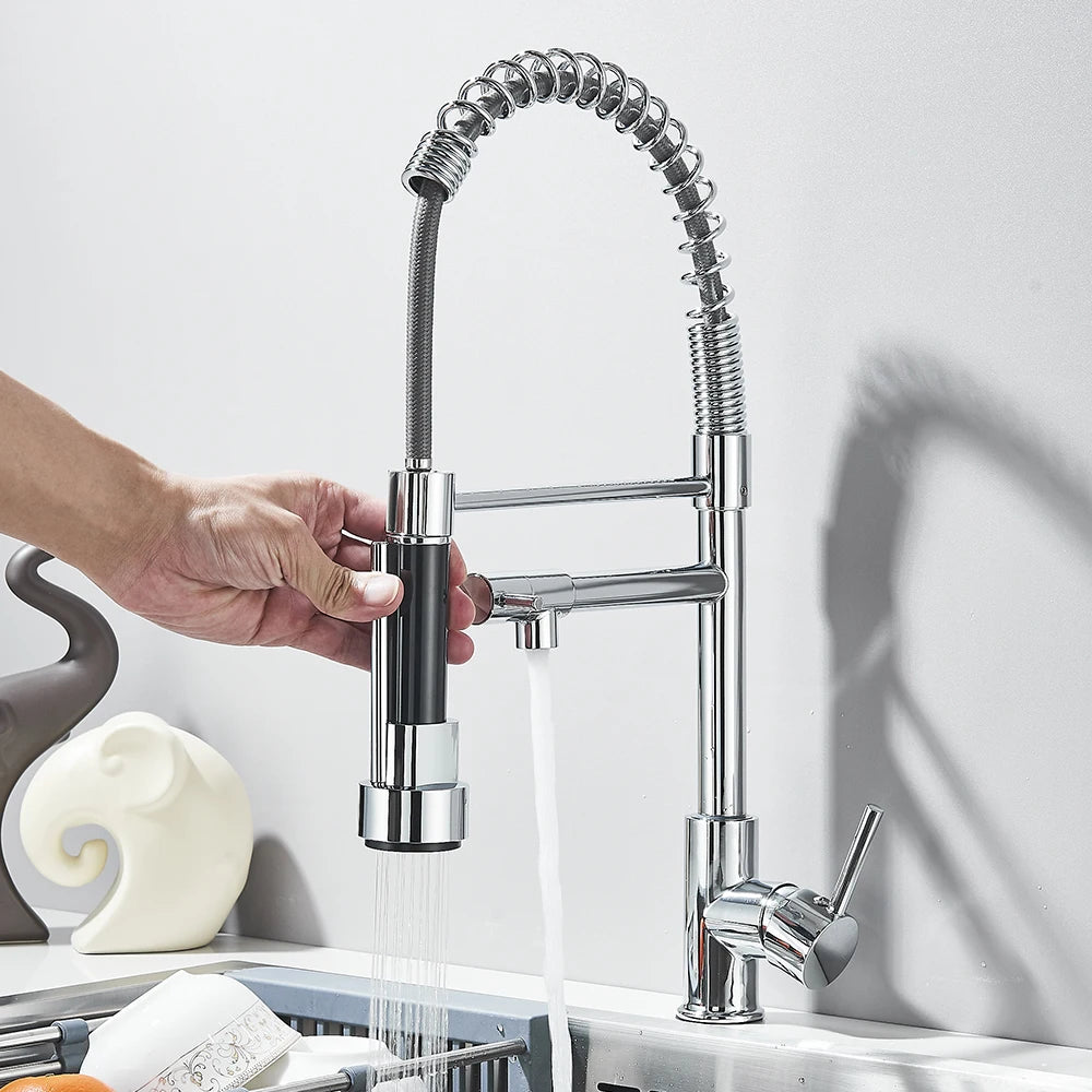 Pull-Down Chrome Kitchen Faucet with Dual Swivel Spout, Hot and Cold Deck-Mount Mixer
