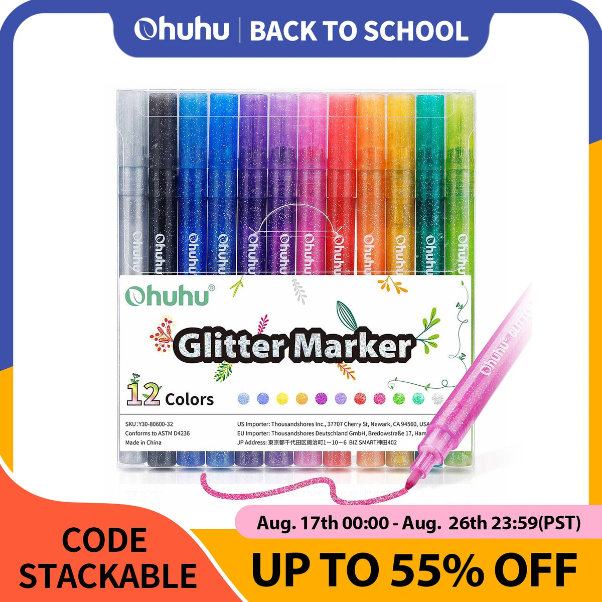 Ohuhu Glitter Metallic Marker Pens Glitter Colors Markers Fine Point Tip Water-based Metallic Shimmer Markers for DIY Drawing